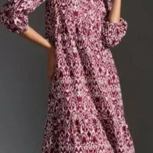 Anthropologie The Bettina Tiered Shirt Dress by Maeve in Maroon and White M